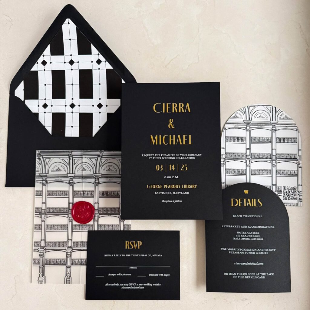 George Peabody Library wedding custom wedding invitations with hand drawn venue illustration and custom artwork