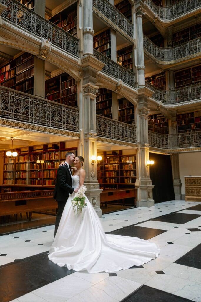 George Peabody Library wedding couple smiling