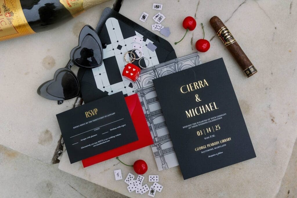 George Peabody Library wedding elegant custom wedding invitations styled with red accents