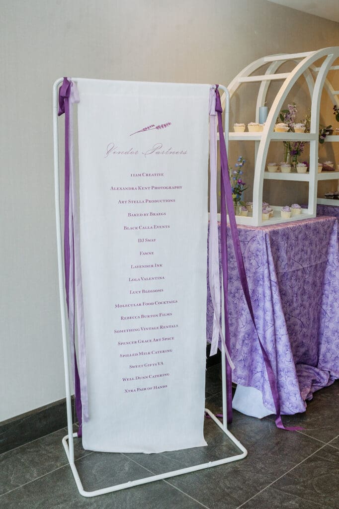 custom linen welcome sign decorated with two ribbons