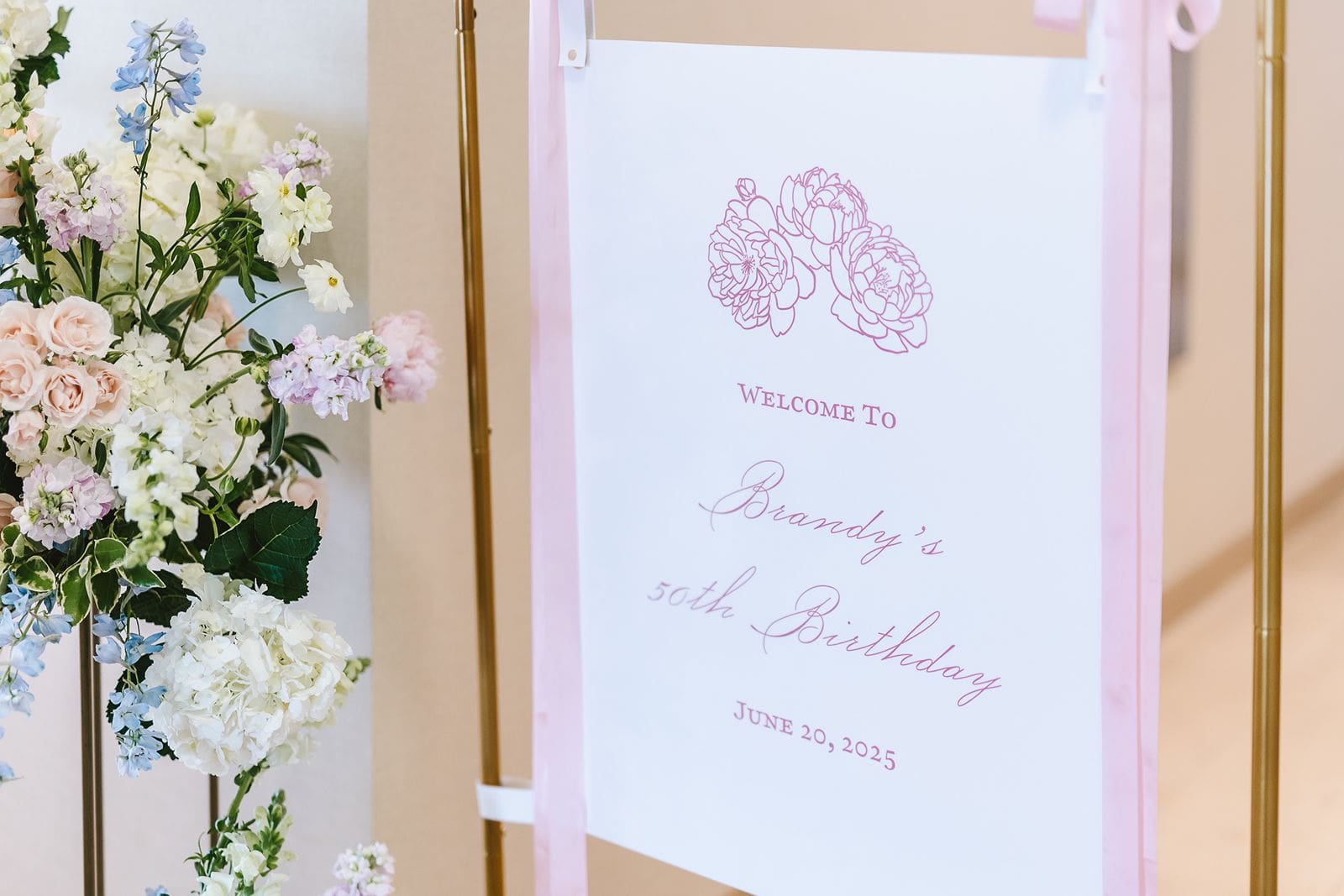 custom event signage four seasons baltimore pink peonies organic pink typography