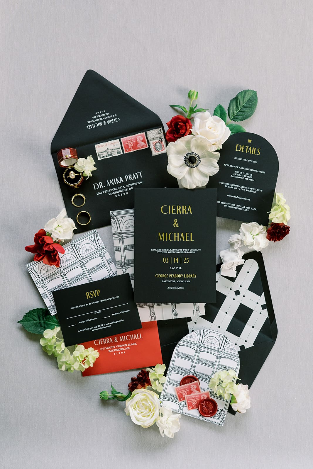 Custom wedding invitation process showing a wedding detail flatlay