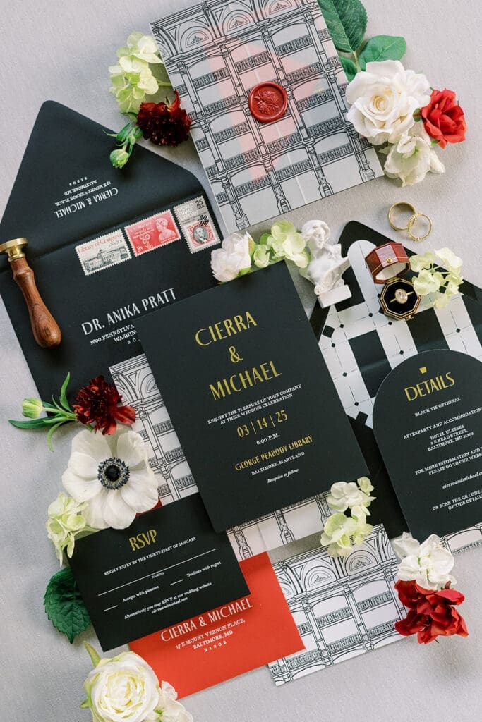 custom wedding invitation for george peabody library wedding flatlay