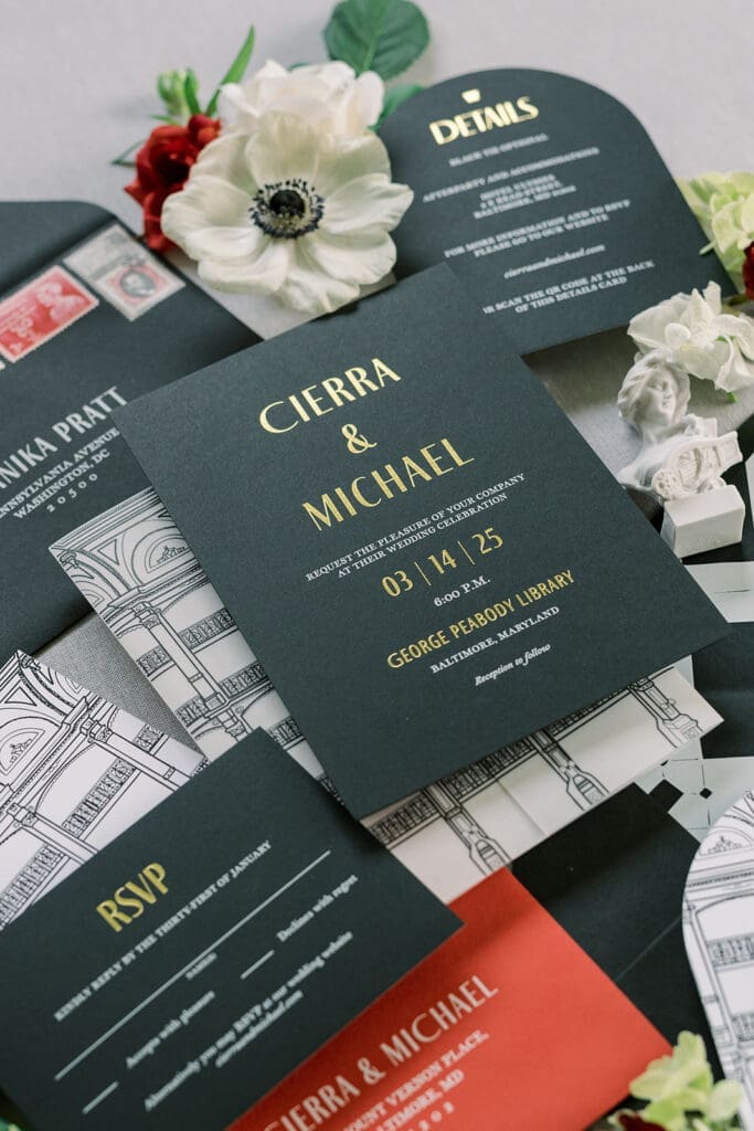 gold foil lettering on black wedding invitations