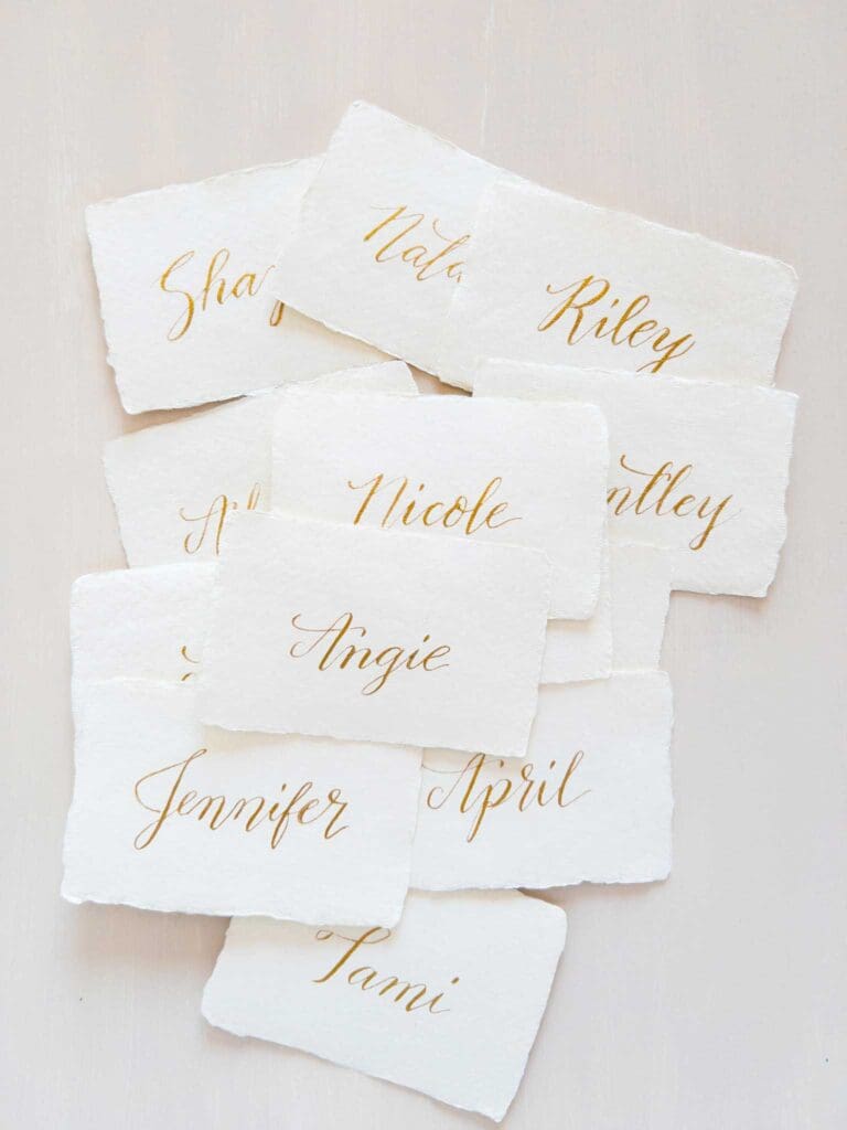 calligraphy place cards on handmade cotton paper with deckled edges