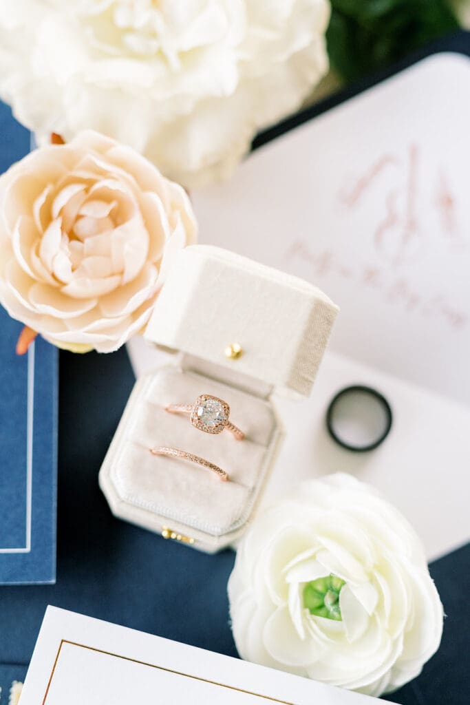 wedding ring on custom wedding invitation flatlay