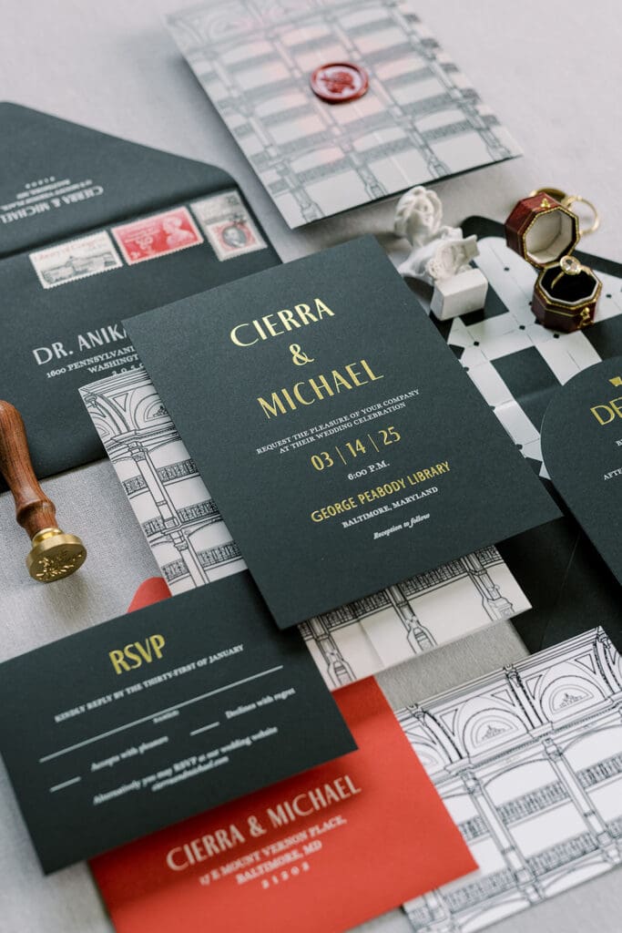 foil fine art wedding invitations with venue illustration